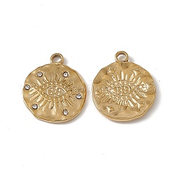 Vacuum Plating 201 Stainless Steel Pendants, Crystal Rhinestone Flat Round with Evil Eye Charms, Real 18K Gold Plated, 19x16x2mm, Hole: 2mm