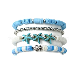 4Pcs 4 Styles Polymer Clay Heishi Surfer Stretch Bracelets Set, Synthetic Turquoise Starfish & Alloy Tortoise Stackable Bracelets, Light Sky Blue, Inner Diameter: 2~2-1/8 inch(5.1~5.5cm), 1Pc/style