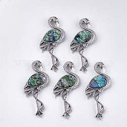 Abalone Shell/Paua Shell Brooches/Pendants, with Resin Bottom and Alloy Findings, Flamingo Shape, Antique Silver, Colorful, 83.5x38x8~10mm, hole: 4x3mm, Pin: 0.7mm