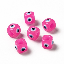 Cuentas europeas de mal de ojo de resina, cuenta con hueco grande, cubo, color de rosa caliente, 12.5x14~14.5x14~14.5mm, agujero: 6 mm