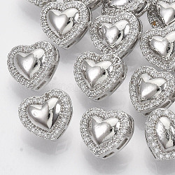 Brass Shank Buttons, with Micro Pave Cubic Zirconia, Heart, Clear, Platinum, 10x11x8mm, Hole: 1.4mm