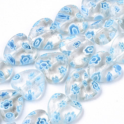 Hilos hechos a mano millefiori lampwork beads, corazón, luz azul cielo, 11~12x12x4~5mm, agujero: 1 mm, aproximamente 32~33 pcs / cadena, 12.72 pulgada ~ 13.78 pulgadas (32.3~35 cm)