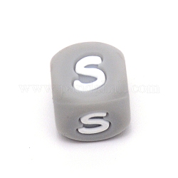 Cuentas del alfabeto de silicona para hacer pulseras o collares, estilo de letra, cubo gris, letter.s, 12x12x12mm, agujero: 3 mm
