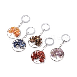 Natural Gemstone Keychain, with Alloy Split Key Rings, Ring with Tree, Platinum, 11.5cm