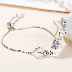 Love Heart Cubic Zirconia Link Slider Bracelet for Valentine's Day, 925 Sterling Silver Bracelet, Clear, Platinum