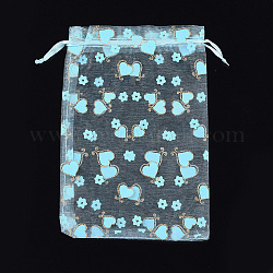 Printed Organza Bags, Gift Bags, with Glitter Powder, Rectangle with Heart, Sky Blue, 19~20.5x13.5~14cm