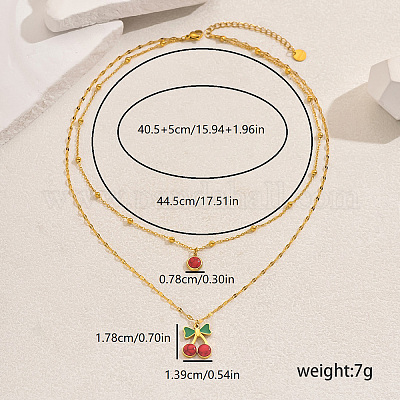 Двухслойные ожерелья с подвеской в виде вишни из нержавеющей стали 201 с красной эмалью для повседневных праздничных женских образов IT9845-1