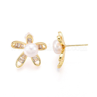 Серьги-гвоздики из натурального жемчуга в форме цветка из латуни PEAR-N020-05X-1