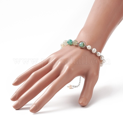 天然ファイア クラックル アゲート & パール ビーズ ブレスレット