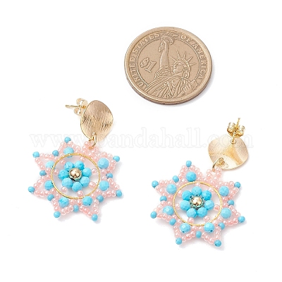 Серьги-гвоздики с цветком из стеклянных бусин ручной работы EJEW-MZ00570-1