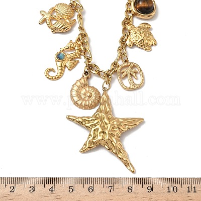 Женские ожерелья с подвеской в форме ракушки морского конька из нержавеющей стали 304 и искусственного камня в форме морской звезды и смолы NJEW-G180-05G-1