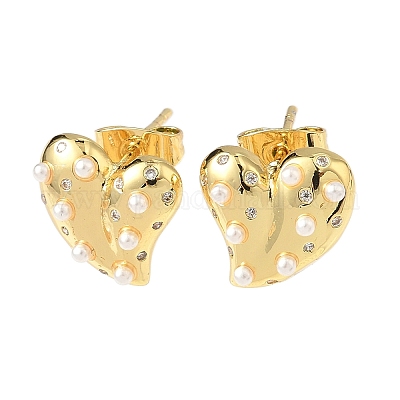 Серьги-гвоздики в форме сердца из латуни с прозрачным кубическим цирконием EJEW-C152-01G-1