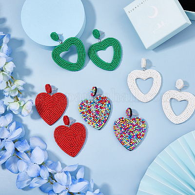 4 пара 4-х стилевых сережек-гвоздиков с подвесками из стеклянных бусин в форме сердца EJEW-FI0002-29-1