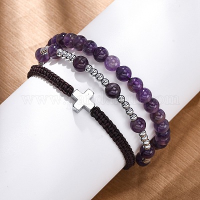 Регулируемые браслеты из плетеных бусин из натурального аметиста и гематита BJEW-U035-01C-1