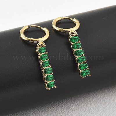 Овальные серьги-кольца с кисточками из нержавеющей стали 304 с зеленым кубическим цирконием EJEW-Z094-02G-1