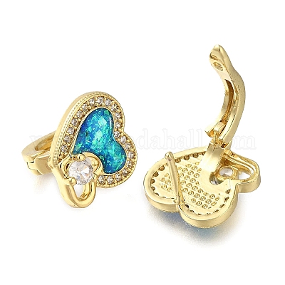 Серьги-кольца из латуни с микропаве и фианитами в форме сердца EJEW-P277-07A-G-1