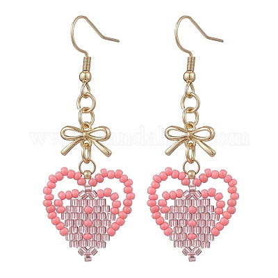 Серьги-сердечки из стеклянных бусин ручной работы EJEW-MZ00577-03-1