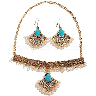 Комплекты серег и ожерелий из сплава ромбов и синтетической бирюзы в стиле бохо WG86A2C-08-1