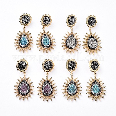 Серьги-гвоздики из натурального друза с агатом EJEW-F232-37G-1