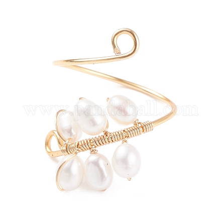 Copper Wire Wrapped Natural Cultured Freshwater Pearl Cuff Rings for Women RJEW-JR00438-1