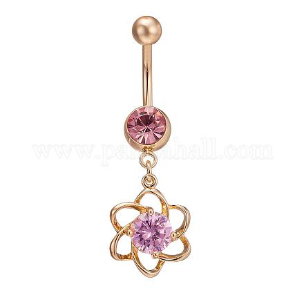 Piercing Jewelry Real 18K Gold Plated Brass Rhinestone Flower Navel Ring Belly Rings AJEW-EE0001-40B-1