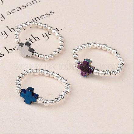 Cross Non-Magnetic Synthetic Hematite Beaded Stretch Rings RJEW-JR00169-1