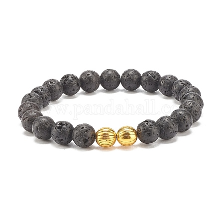 Bracelet extensible perlé rond en pierre de lave naturelle avec alliage BJEW-JB08009-1
