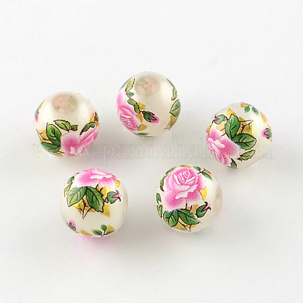 Rosa motivo floreale stampato perle di vetro tondo GFB-R005-12mm-A01-1
