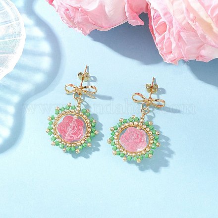 Серьги-гвоздики с подвесками из цветочного стекла EJEW-MZ00522-05-1