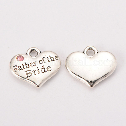 Wedding Theme Antique Silver Tone Tibetan Style Alloy Heart with Father of the Bride Rhinestone Charms TIBEP-N005-19D-1