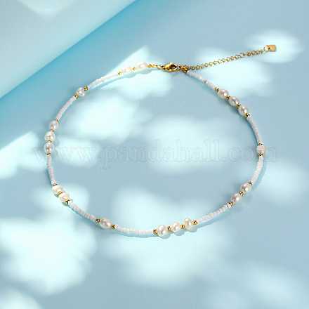 Collar de cuentas redondas de acero inoxidable y perlas de imitación para mujer SZ6704-1