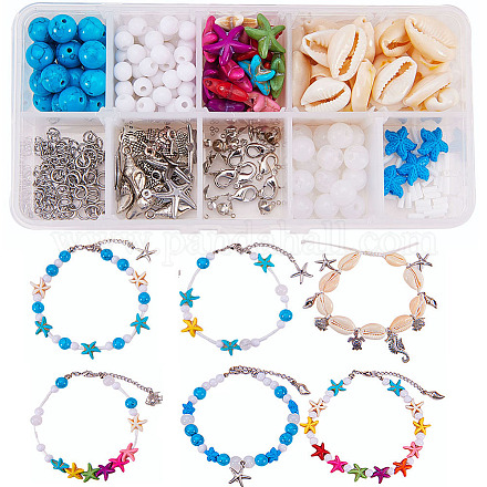 SUNNYCLUE DIY 6Pcs Boho Shell Beads Beach Charm Ankle Bracelet Making Kit Foot Chain Sandal Beads Anklets Adjustable Foot Jewelry Making with Starfish Sea Turtle Charms Turquoise Stone DIY-SC0002-66-1