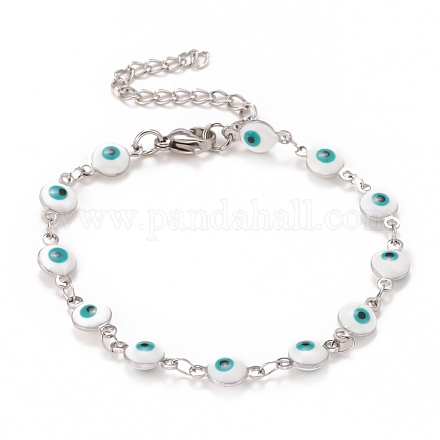 Enamel Oval with Evil Eye Link Chains Bracelet BJEW-P271-04P-02-1