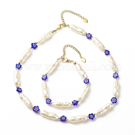 Abs 模造真珠 & ミッレフィオーリ ガラス ビーズ ネックレス ブレスレット  女性のためのジュエリーセット  ブルー  7-1/2インチ（19.2cm）  15.94インチ（40.5cm） SJEW-JS01241-1