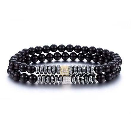 Non-magnetic Synthetic Hematite & Natural Black Agate Beaded Stretch Bracelets Set SJEW-H584-13-1