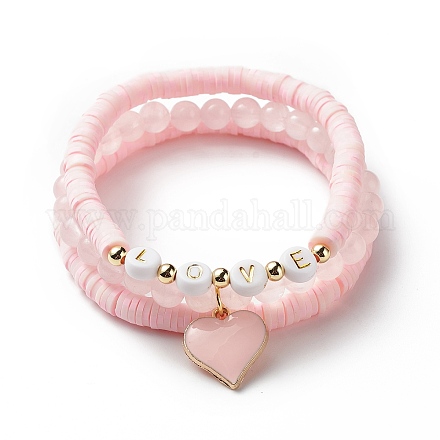 3 pz 3 stile quarzo rosa naturale e acrilico parola amore perline braccialetti elasticizzati con ciondoli a cuore in lega smaltata BJEW-JB08924-02-1