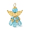Glass Pendants, Angel, with 304 Stainless Steel Loop and Alloy Wing, Faceted, Cyan, 32.5x21.5x14.5mm, Hole: 3.5mm