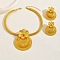 Flat Round with Flower Alloy Pendant Necklace & Stud Earring Sets, Golden, 420mm