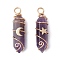 2Pcs 2 Styles Natural Amethyst Double Terminated Pointed Pendants, Brass Moon Star Charms with Copper Wire Wrapped, Light Gold, 35.5~36.5x11x11.5~13mm, Hole: 3.5~4mm, 1pc/style