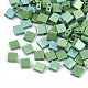 2ホールガラスシードビーズ  半虹メッキ色  正方形  薄緑  5x4.5~5.5x2~2.5mm  穴：0.5~0.8mm  約1180個/袋 SEED-S031-L-047-R-1