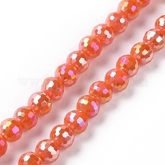 Cuentas de vidrio opaco electrochapa color sólido hebras, color de ab chapado, facetas (96 facetas), redondo, naranja oscuro, 5.5~6mm, agujero: 1.2~1.5 mm, aproximamente 95 pcs / cadena, 21.26'' (54 cm)