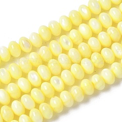 Hebras naturales de cuentas de concha de agua dulce, ronedlle, teñido, amarillo, 6x3.5~4mm, agujero: 1 mm, aproximamente 97~99 pcs / cadena, 15.08~ 15.47 pulgada (38.3~39.3 cm)