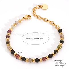 Bracelets de perles rondes en tourmaline naturelle de style bohème pour femmes, avec fermoir en acier inoxydable, véritable 18k plaqué or, 6-1/4 pouce (16 cm)