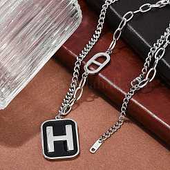 304 нержавеющая сталь черная эмаль h прямоугольный кулон витая цепочка ожерелья для женщин NJEW-M078-01P
