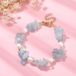 天然アクアマリンチップ＆パールビーズブレスレット  304ステンレススチール留め具付き  7-1/4インチ（18.3cm）&nbsp;BJEW-TA00349-03