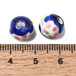 手作りの陶器ビーズ  手描き  花柄ラウンド  ダークブルー  10mm  穴：2~2.5mm&nbsp;PORC-A034-02D