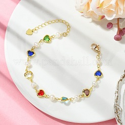 Bracelets en laiton et verre colorés à maillons en forme de cœur avec perles naturelles pour femmes&nbsp;BJEW-JB14163