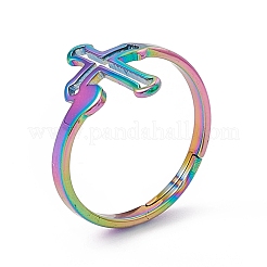 Anillo ajustable con forma de cruz hueca de acero inoxidable con revestimiento de iones (IP) 201 para mujer&nbsp;RJEW-K238-06M