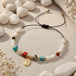 Регулируемые браслеты из смешанных камней на черном шнурке для женщин&nbsp;RN6049