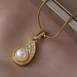 Ожерелья с подвесками в форме капли из нержавеющей стали 304 с искусственным жемчугом и прозрачным стеклом&nbsp;EB8017